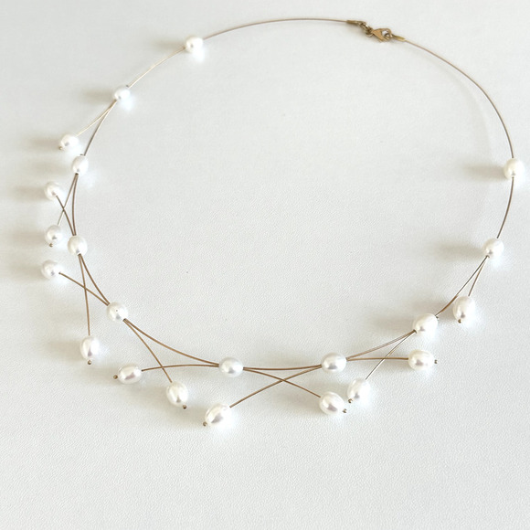 ZRW Israel Designer 14K Solid Yellow Gold Criss Cross Wire Pearl Necklace 17" - Picture 11 of 16